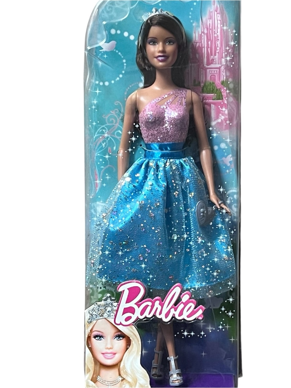 Barbie Princess Brunette Doll Pink & Blue Glitter Dress New In Box